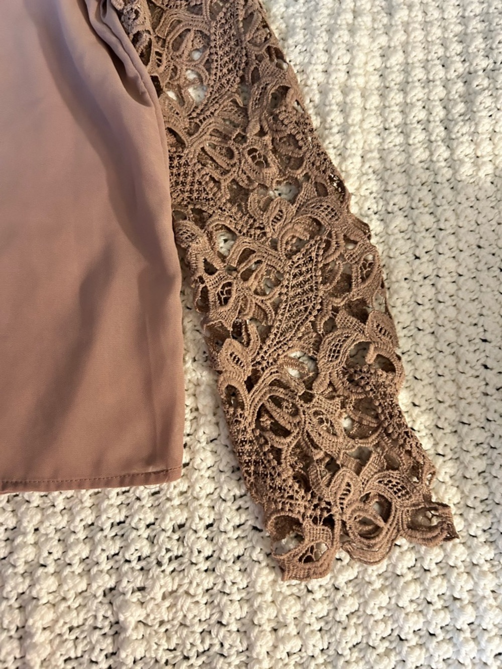 Women's Taupe Lace Yoke Long-Sleeve Blouse - Picture 3 of 16